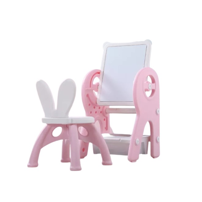 Camera copilului - Set masa si scaun, interactiva 2 in1 cu tabla de scris si masa lego si cos de depozitare , pentru copii, cu 3 carioci si jucarii lego incluse, multifunctionala, roz, buz.ro