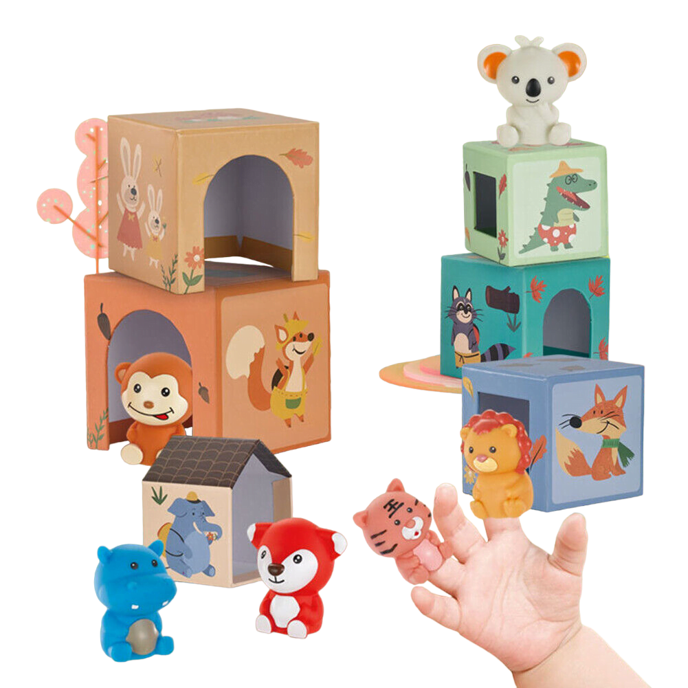 Jucarii 2-3 ani - Turn Montessori 6 cuburi din lemn cu forme, cifre si animale, 3 ani, buz, buz.ro