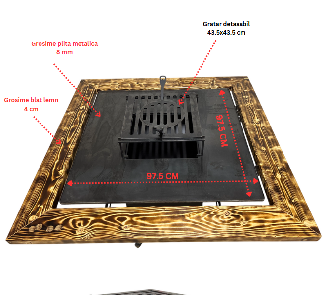 Fire Pit, Gratar cu plita 97.5 x 97.5 cm din otel 8 mm pe lemne