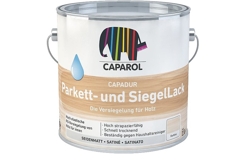 Capadur Parkett und Siegellack - Lac PU acrilic pentru dușumele din lemn la interior, 2.5 l mătăsos transparent