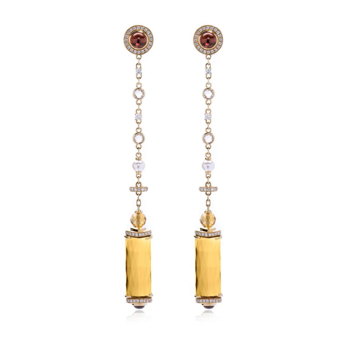 Cercei - Cercei World Henri Maillardet cu quartz, rodolit, perla si diamant, din aur galben de 18K, cellini.ro
