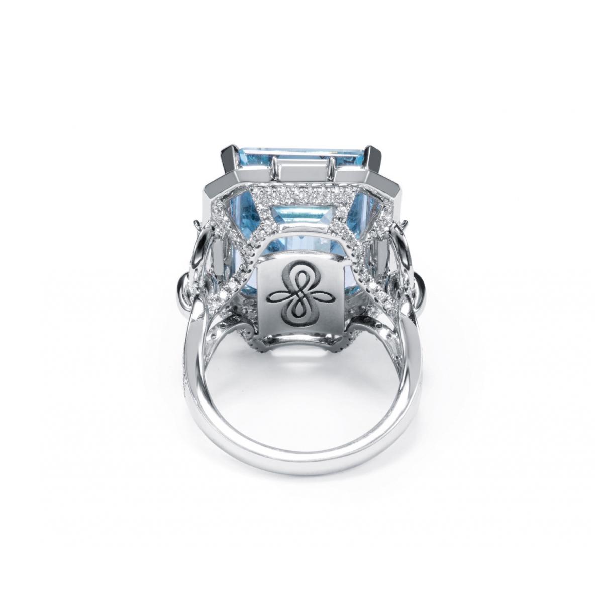 Inel World Henri Maillardet cu aquamarin si diamant, din aur alb de 18K