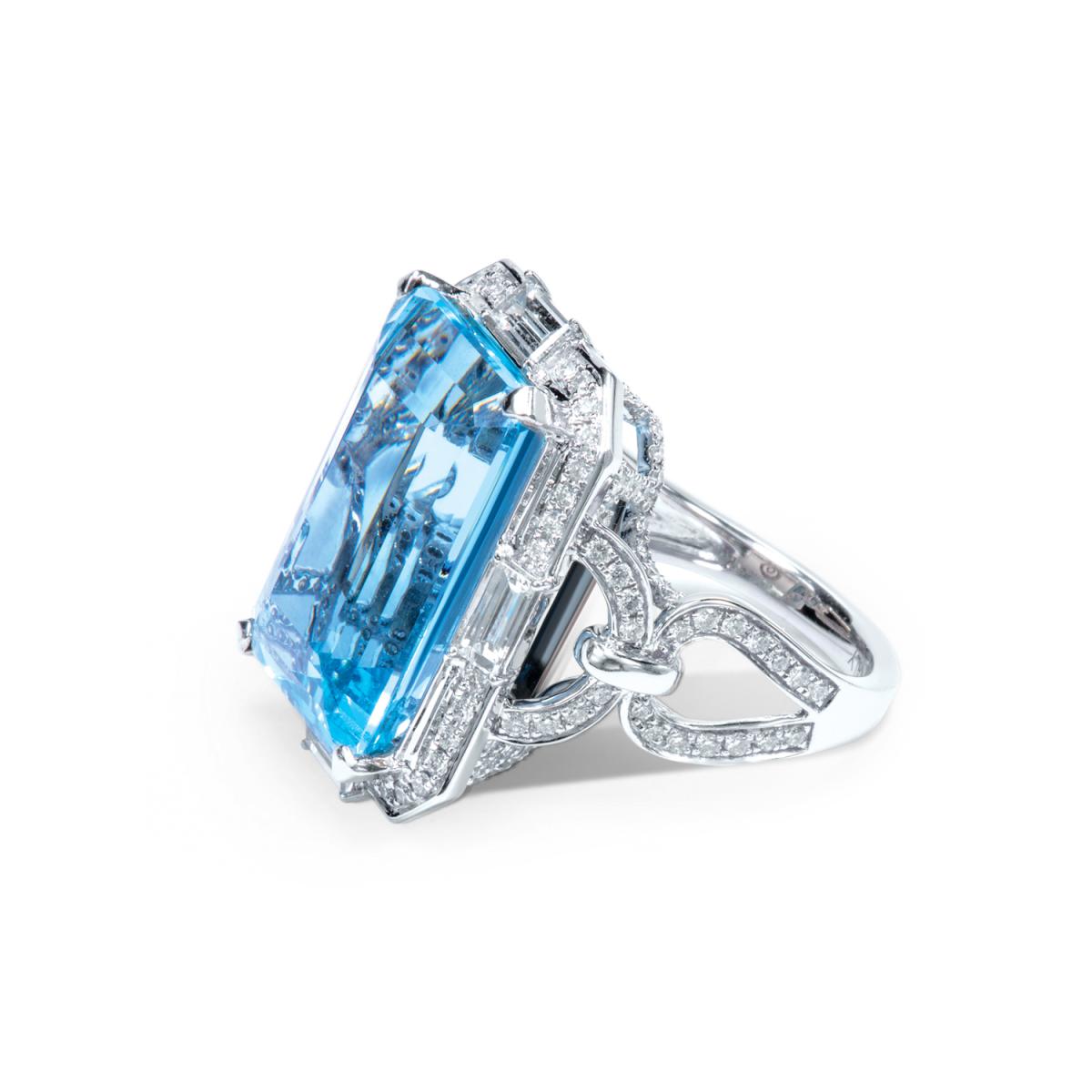 Inel World Henri Maillardet cu aquamarin si diamant, din aur alb de 18K