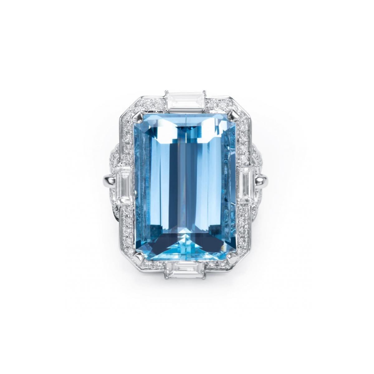 Inel World Henri Maillardet cu aquamarin si diamant, din aur alb de 18K