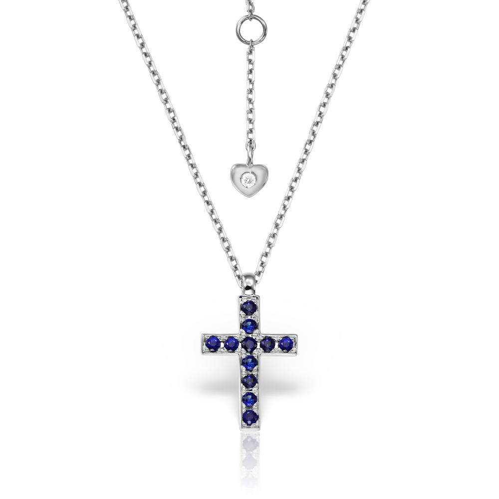 Coliere - Lant cu pandantiv Cruce Evangeline cu safire si diamante, din aur alb  de 18K, cellini.ro