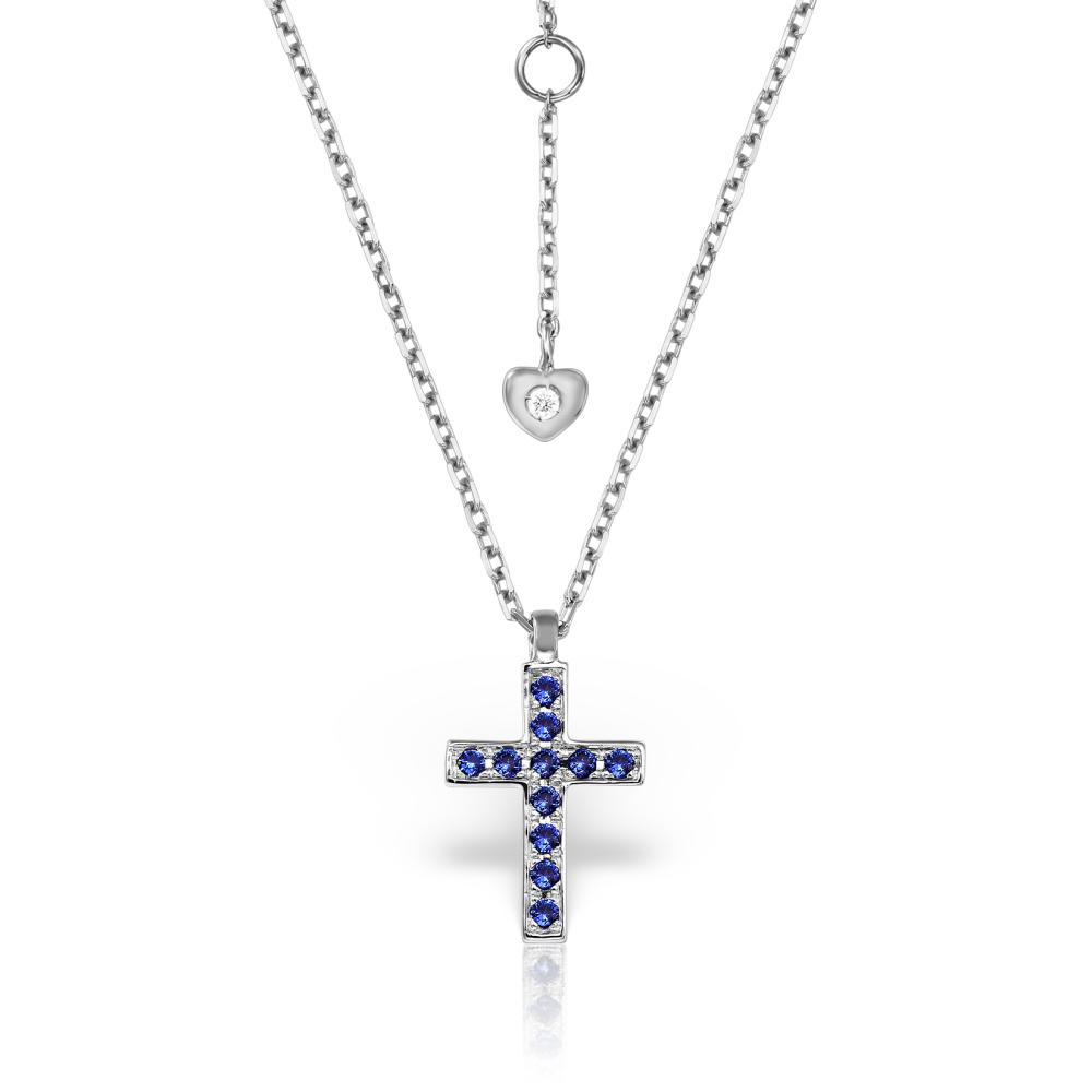 Coliere - Lant cu pandantiv Cruce Evangeline cu safire si diamante, din aur alb  de 18K, cellini.ro