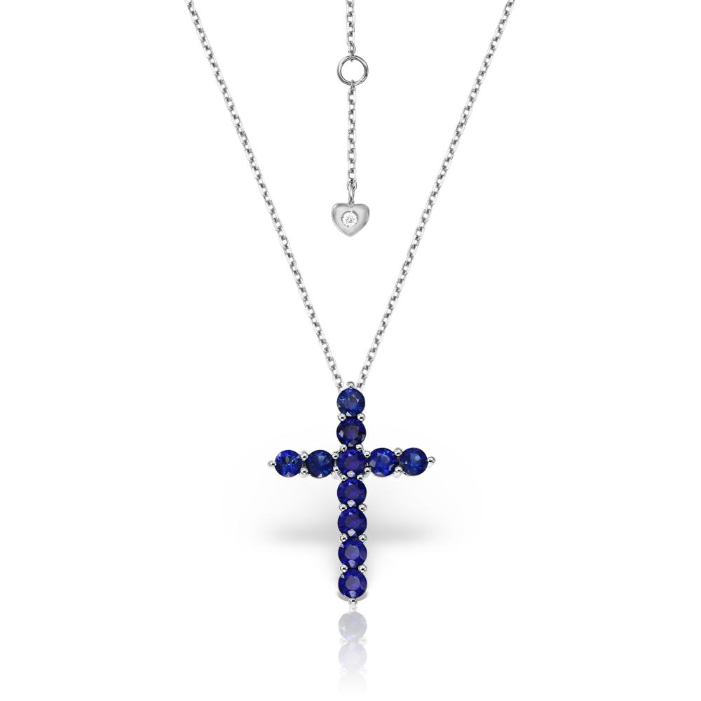 Coliere - Lant cu pandantiv Cruce Evangeline cu safire si diamante, din aur alb  de 18K, cellini.ro