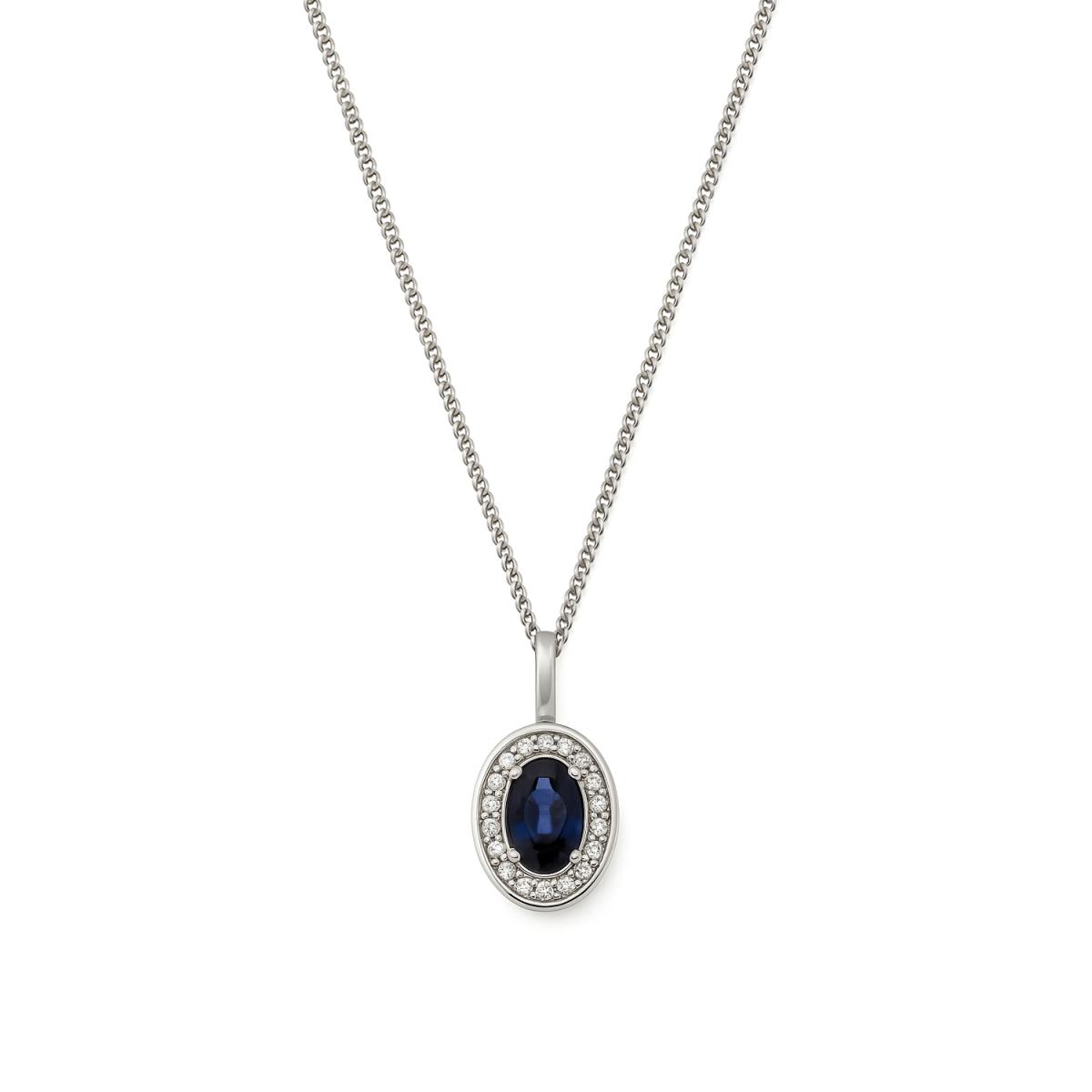 Coliere - Lant cu pandantiv Maria Granacci cu safir si diamant, din aur alb de 14K, cellini.ro