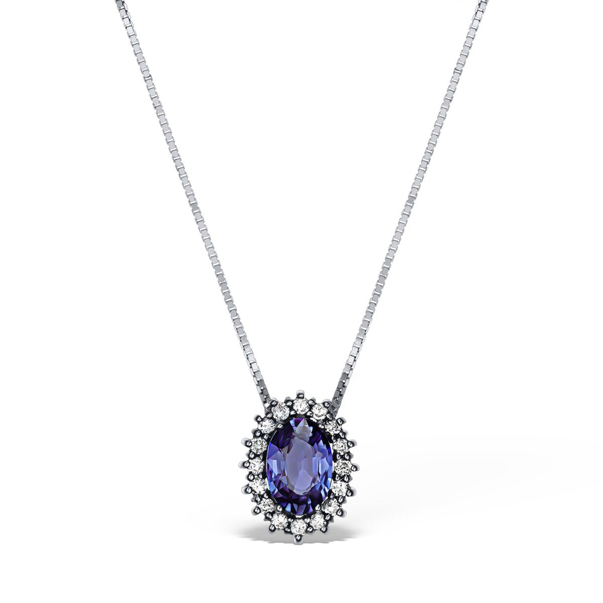 Coliere - Lant cu pandantiv Coscia cu safir si diamante, din aur alb de 18K, cellini.ro