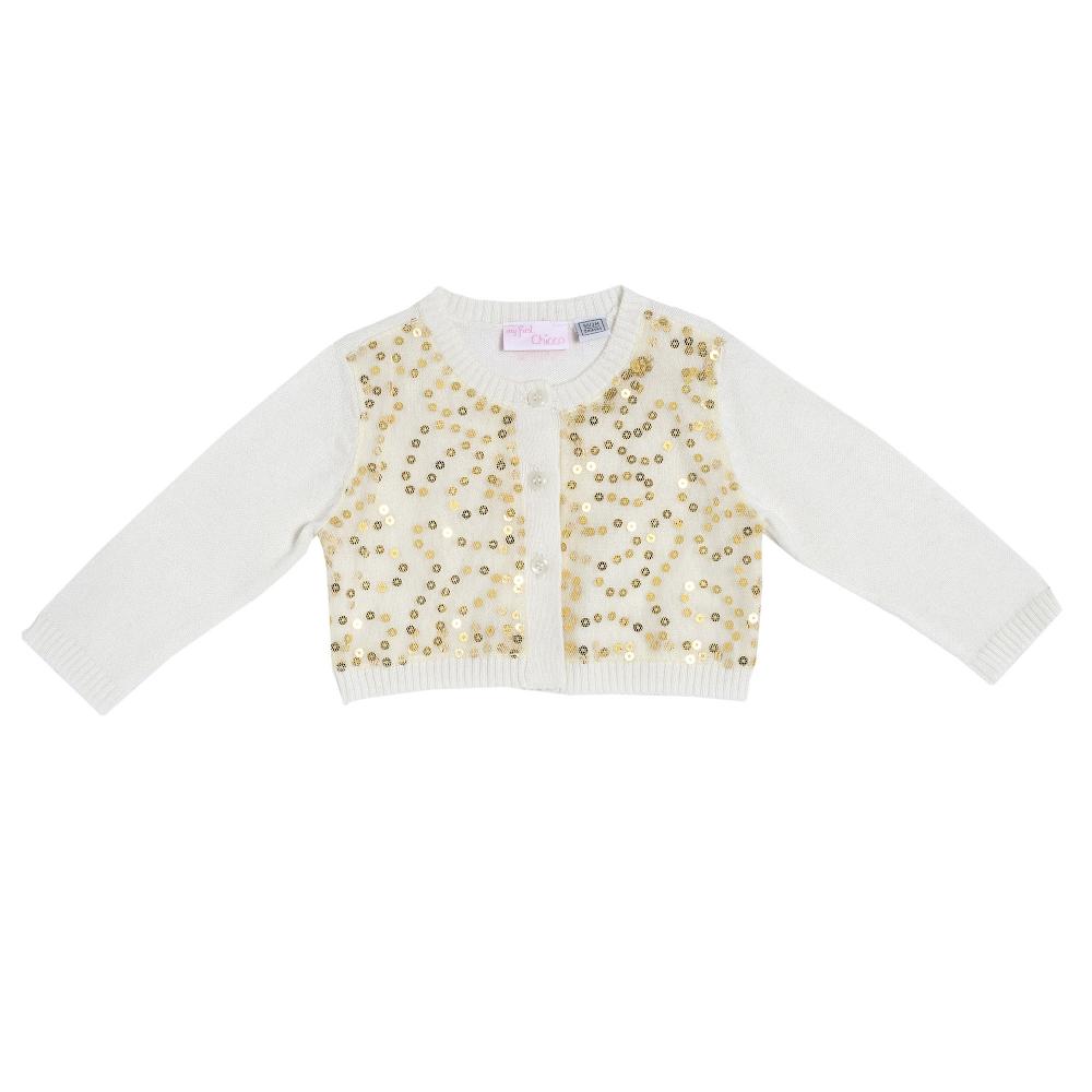 Cardigan tricotat Chicco, alb cu paiete aurii, amestec lana, 96252