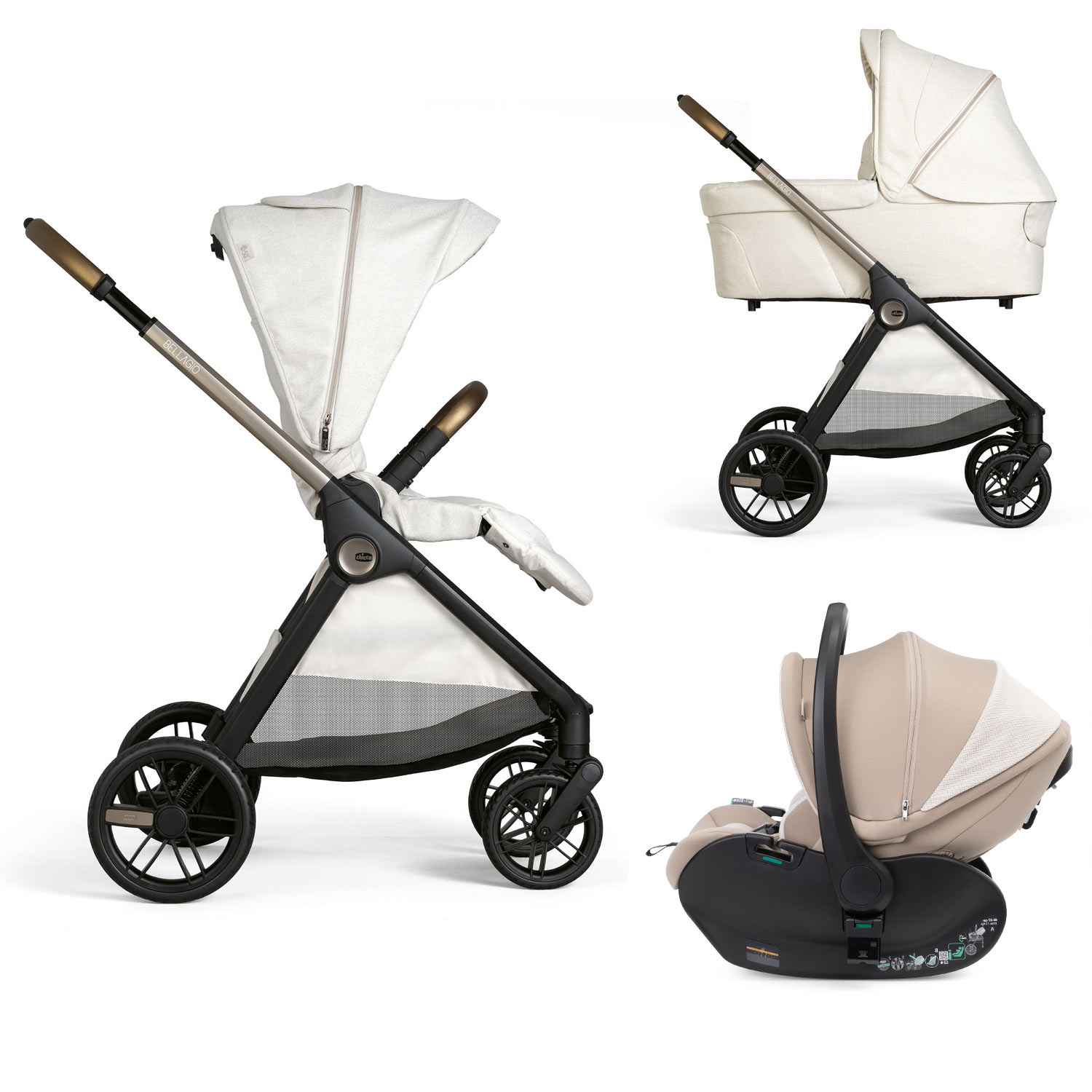 Carucior copii 3 in 1 Chicco Bellagio, Amber Glow (bej deschis), First Seat Recline, 0luni+