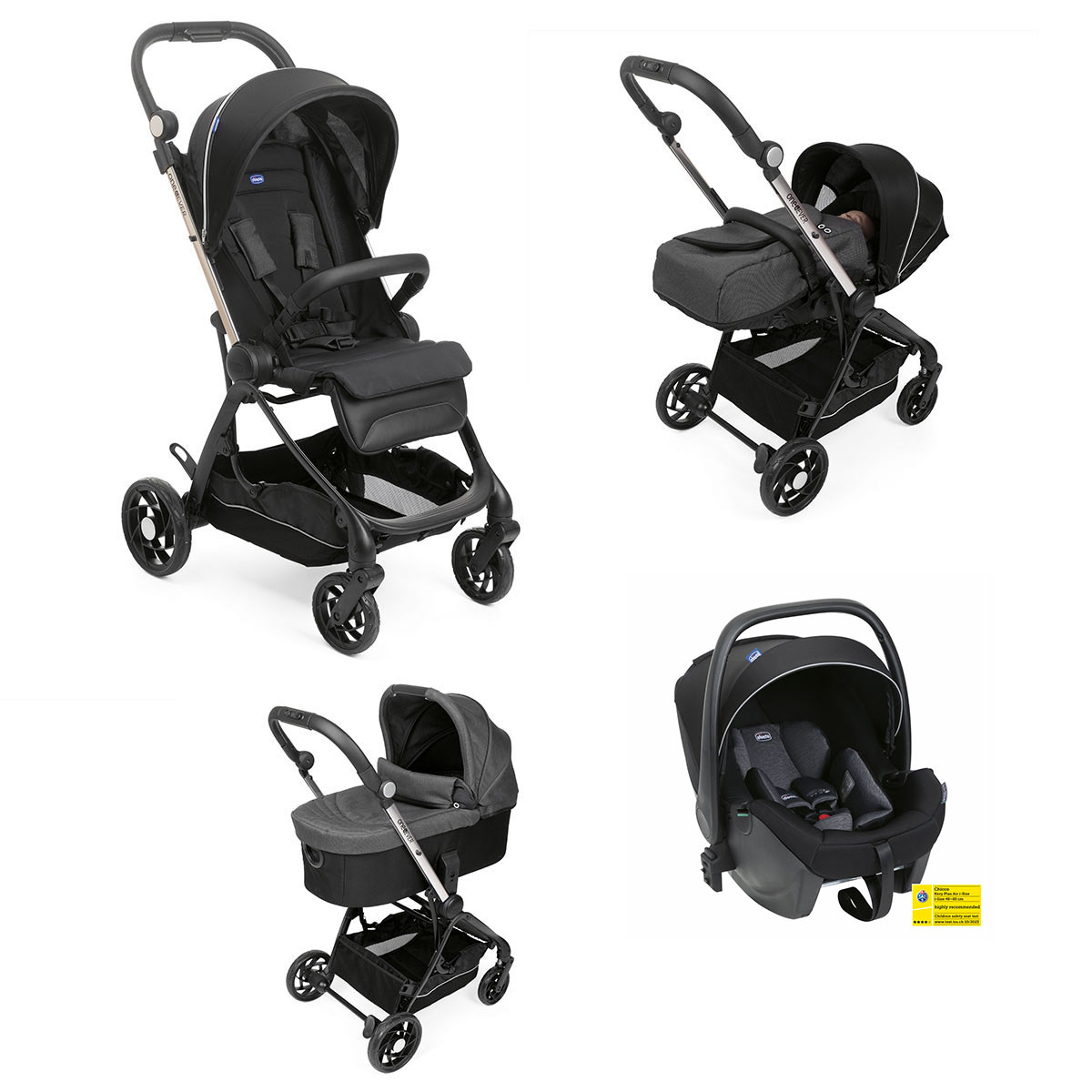 Carucior copii 4 in 1 Chicco One4Ever cu scaun auto Kory Plus ISize, Pirate Black (Negru), de la nastere la 22Kg