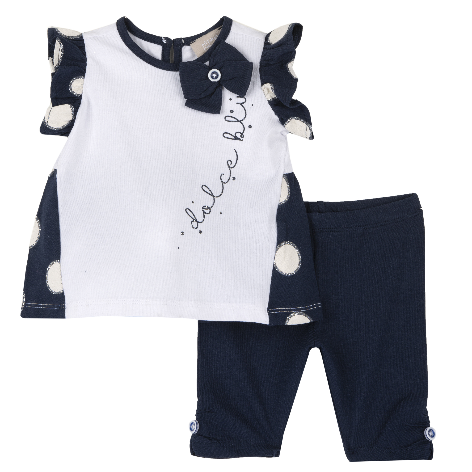 Costum copii Chicco, tricou si pantaloni, alb cu bleumarin, 75624-64MFCO