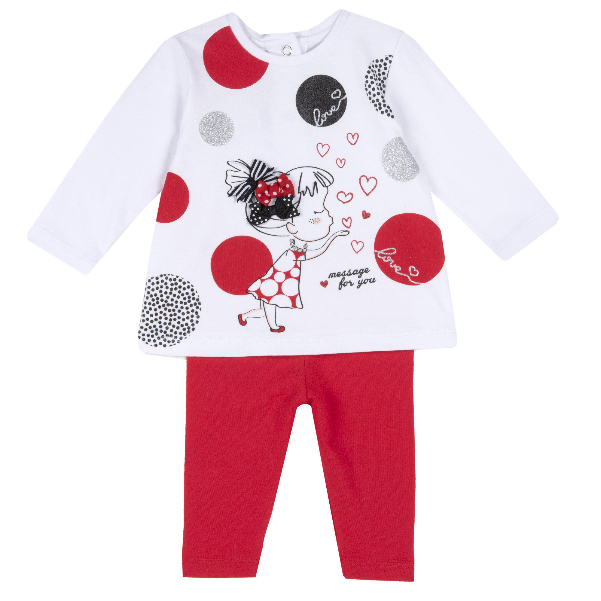 Set copii Chicco, tricou si pantaloni, alb cu model, 76642