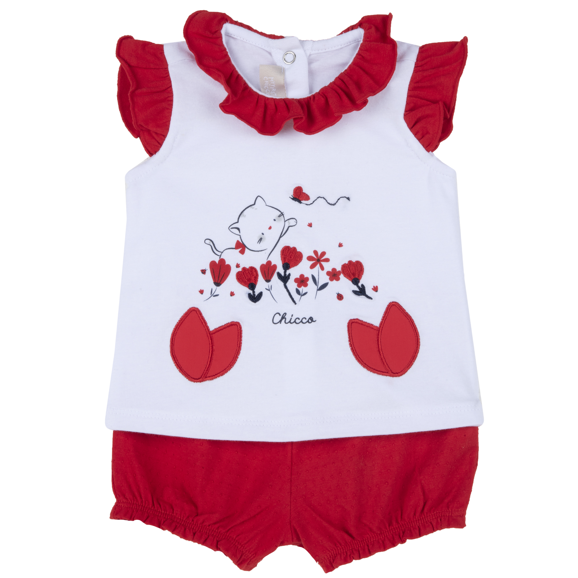 Costumas bebe Chicco, tricou si pantaloni, alb cu rosu, 77492