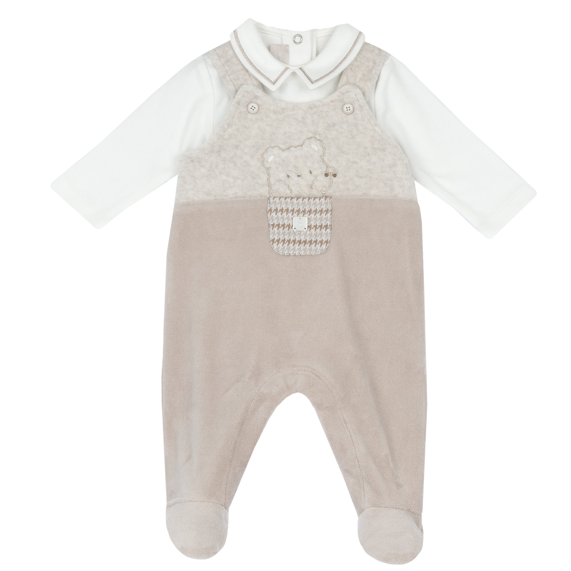 Costumas body si salopeta bebe Chicco, botosei, Bej cu model, 00377-69MFCI