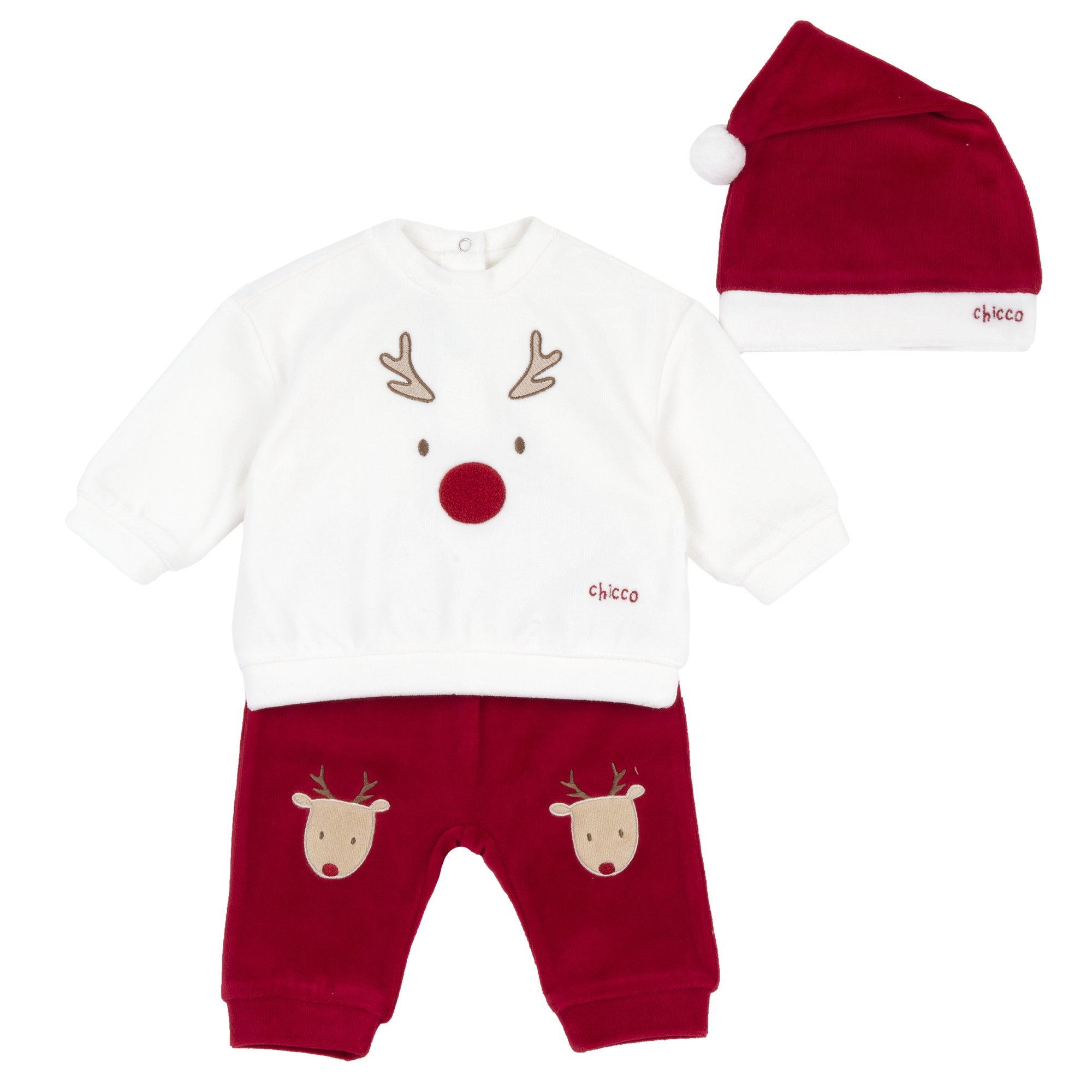 Costumas copii Chicco pentru Craciun, bluza, pantaloni, caciulita, Rosu, 02942-71MFCI