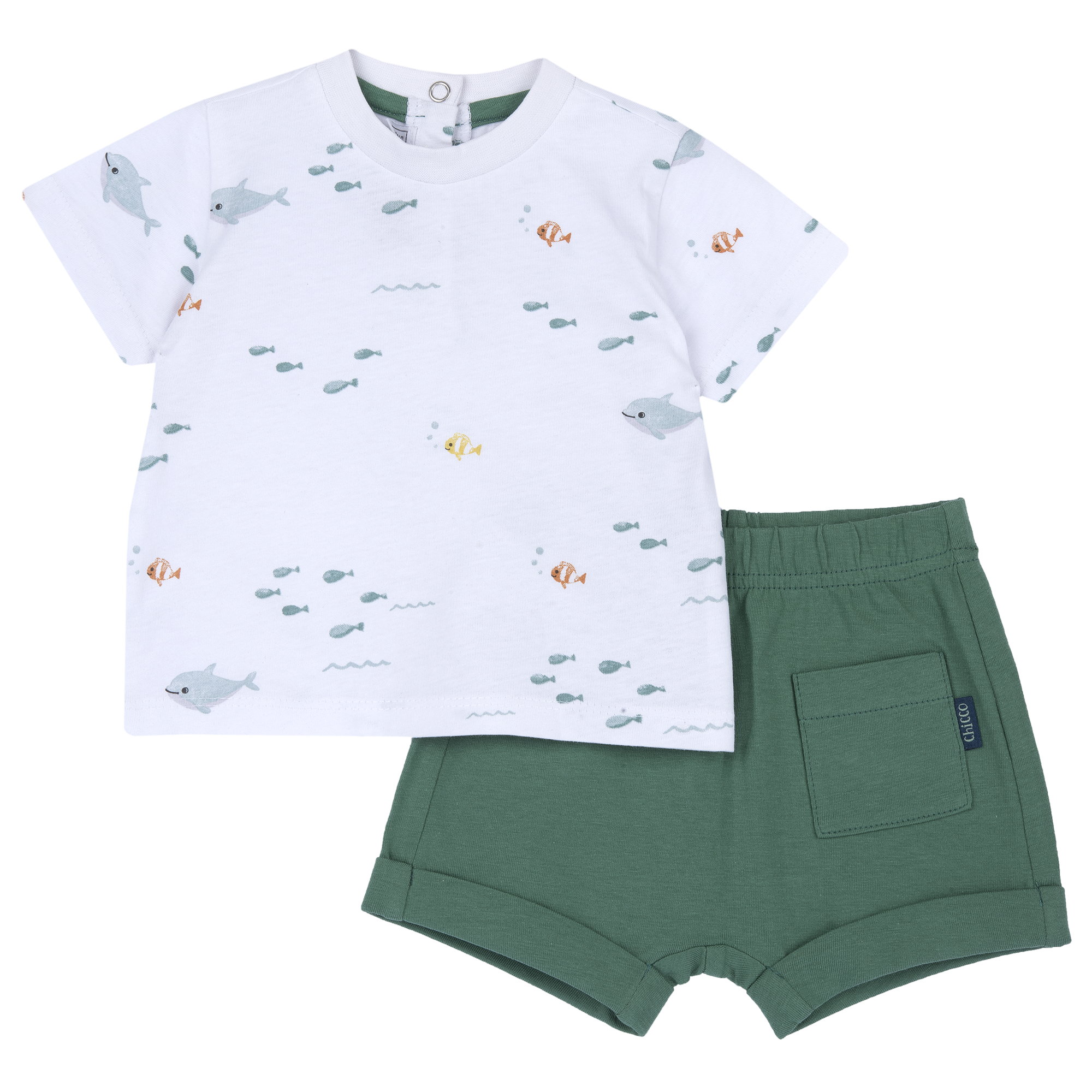 Costumas copii Chicco, tricou si pantaloni, alb cu model, 73876-68MFCO