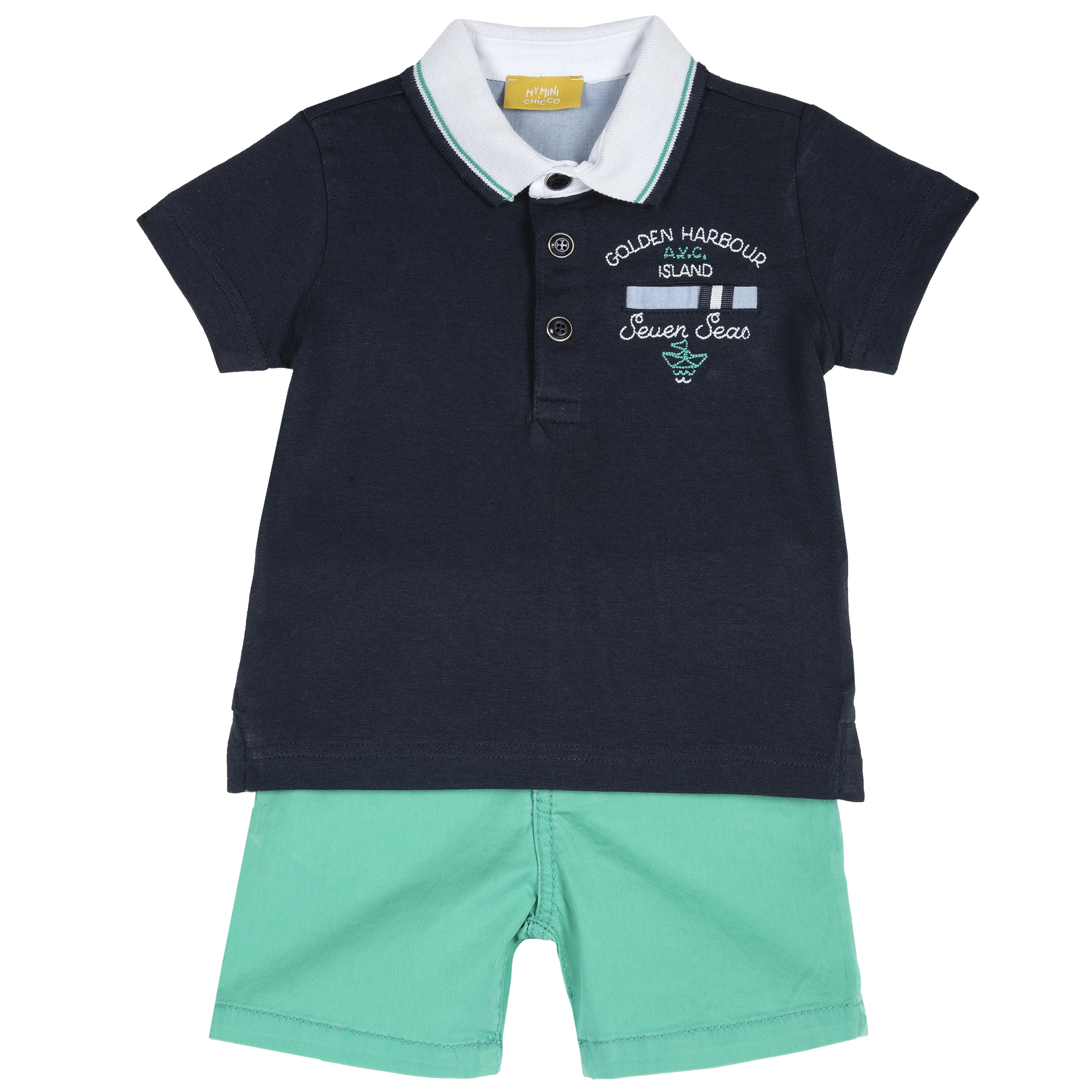 Costum copii Chicco, tricou si pantalon, albastru cu verde, 76450 CHICCO