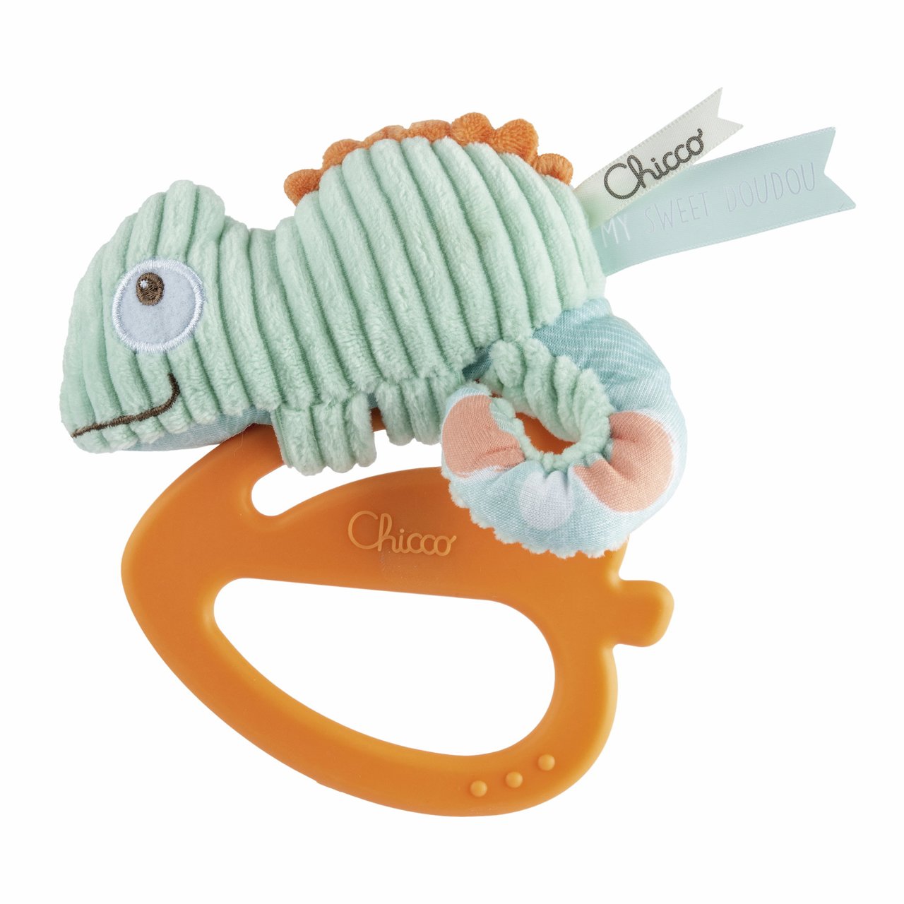 Jucarie 2 in 1 Chicco Cameleon My Sweet DouDou, zornaitoare si inel gingival, 3luni+