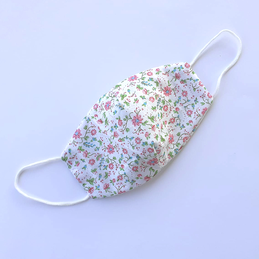Masca medicala protectie copii, bumbac, reutilizabila, alb model floral, 4ani+