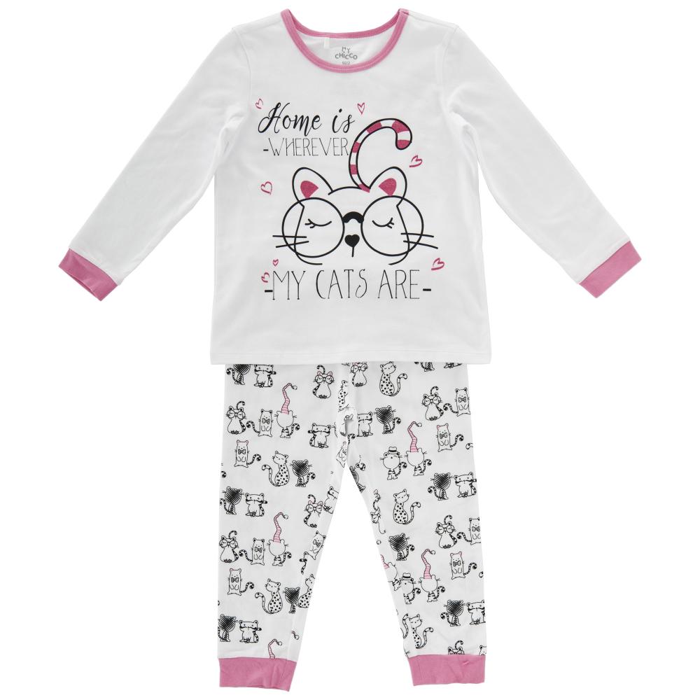 Pijama copii Chicco, maneca lunga, fetite, alb cu roz