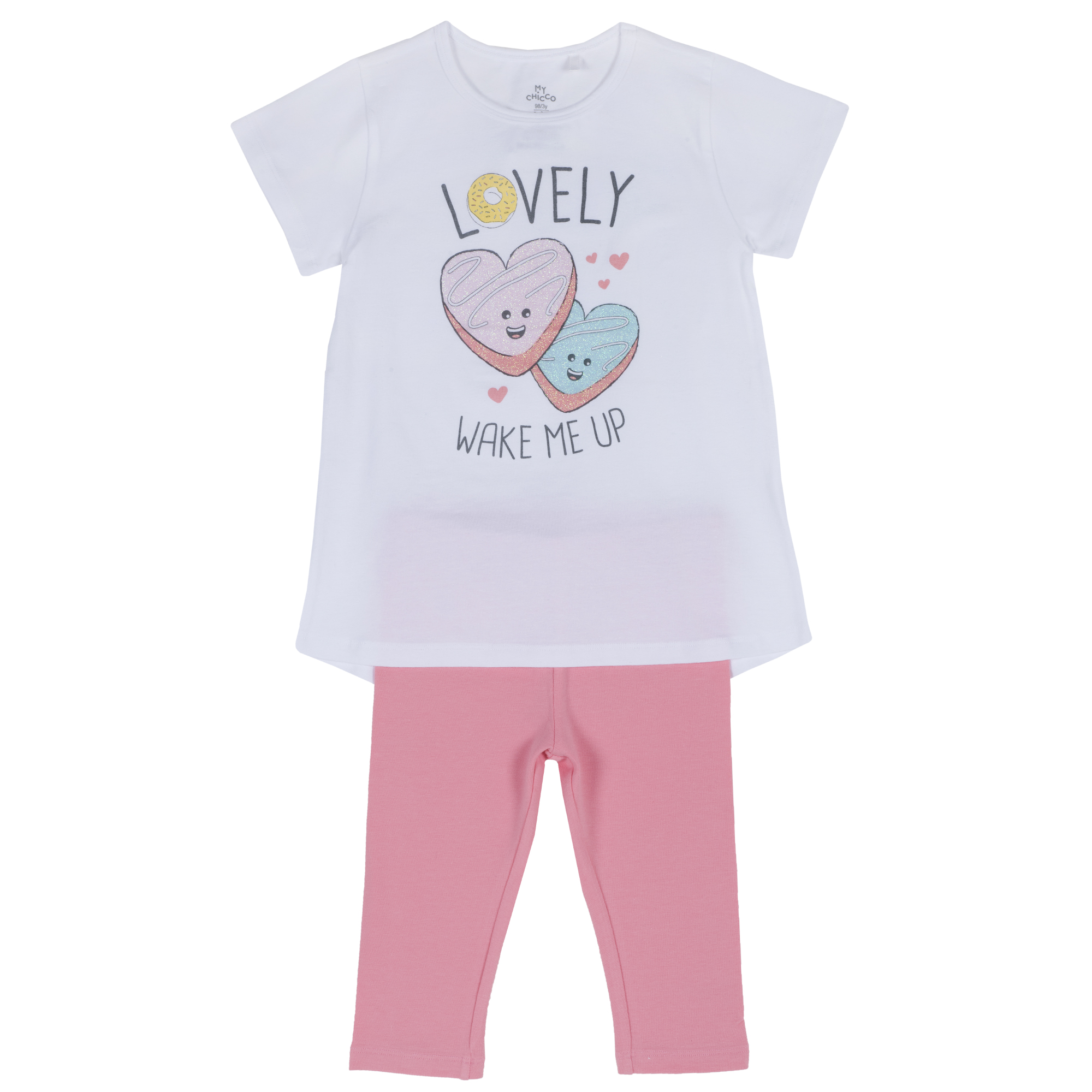 Pijama copii Chicco, tricou si pantalon, roz cu alb, 35359