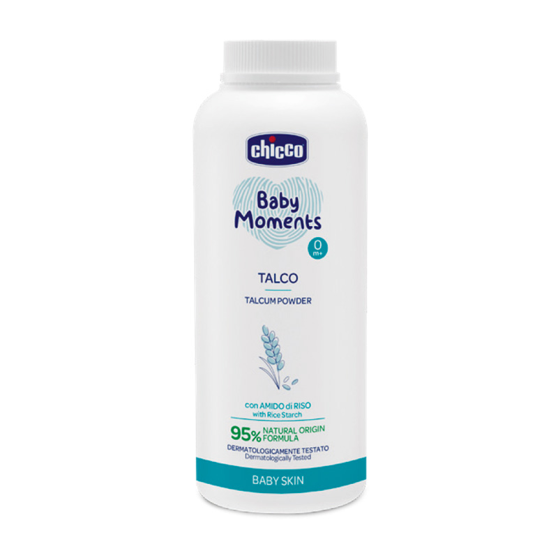 Pudra de talc dermatologica din amidon de orez Chicco Baby Moments Baby Skin, 150g, 0 luni+ CHICCO