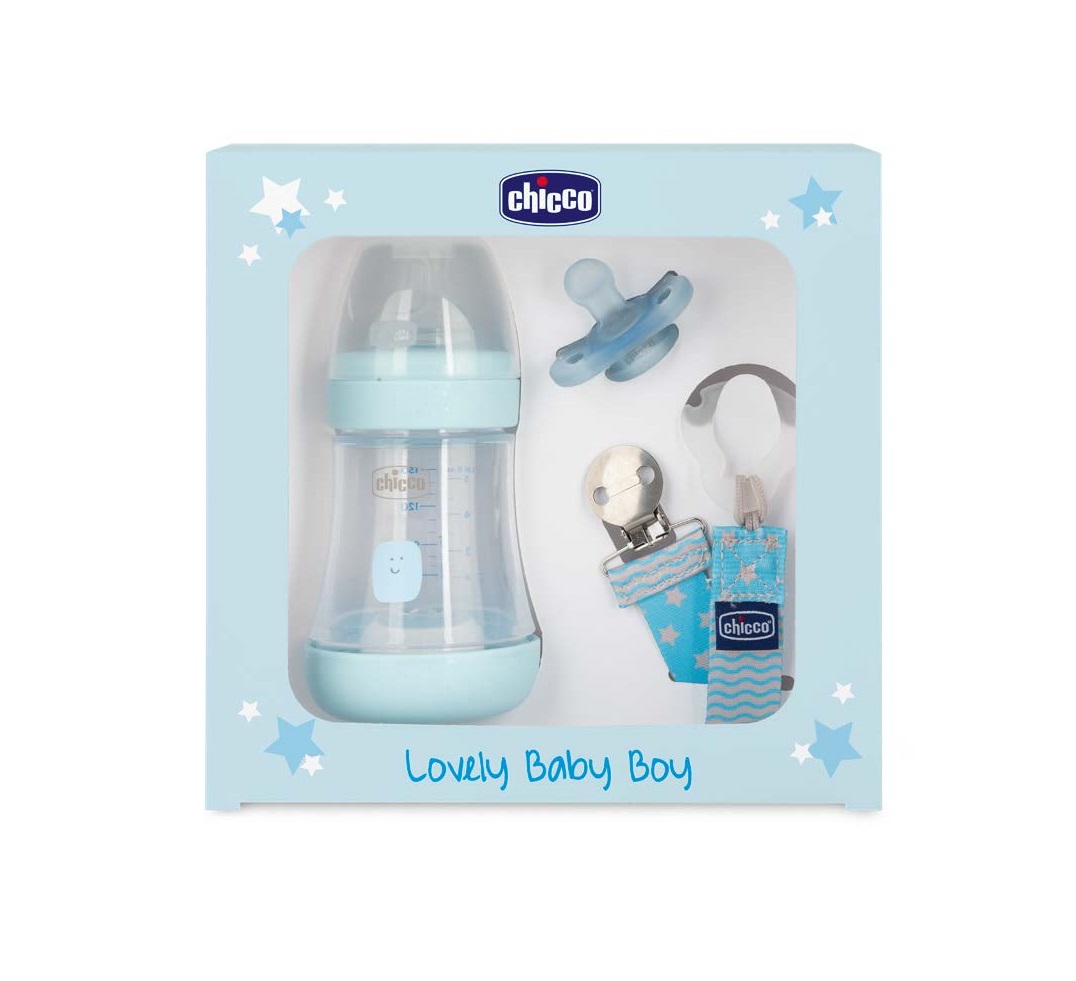 Set cadou Chicco Lovely Baby Boy (biberon, suzeta, lantisor), bleu (albastru), 0luni+