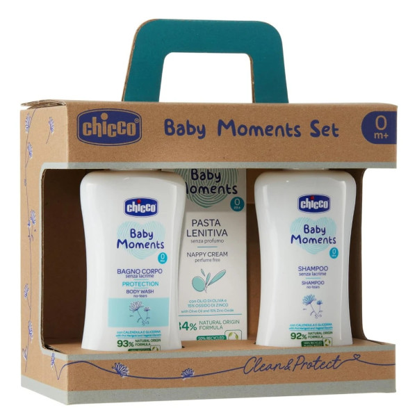 Set cadou cosmetice Chicco Baby Moments Skin Clean&Protect (gel de dus, sampon si crema iritatii scutec)