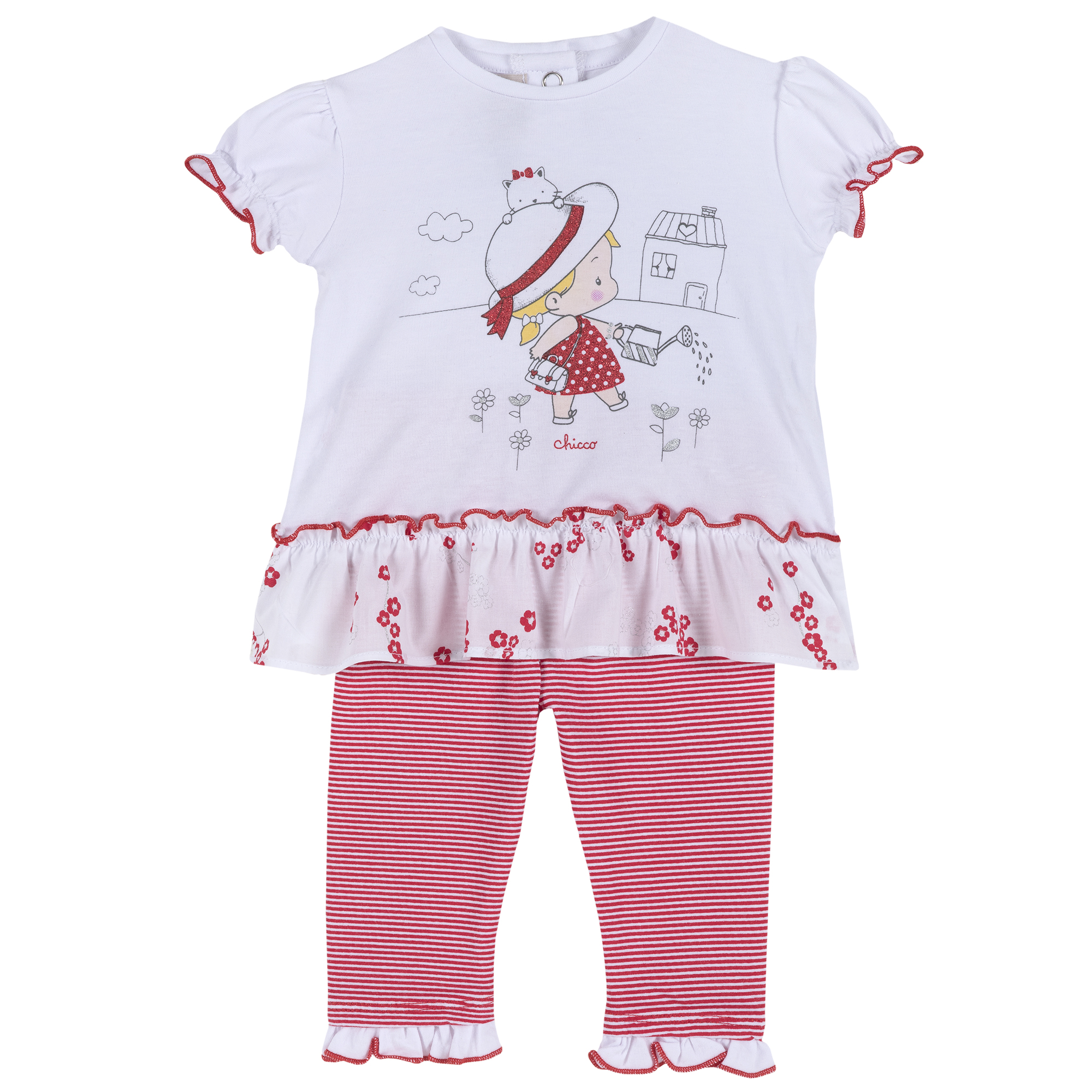 Set tricou si pantalon copii Chicco, alb cu rosu, 77866