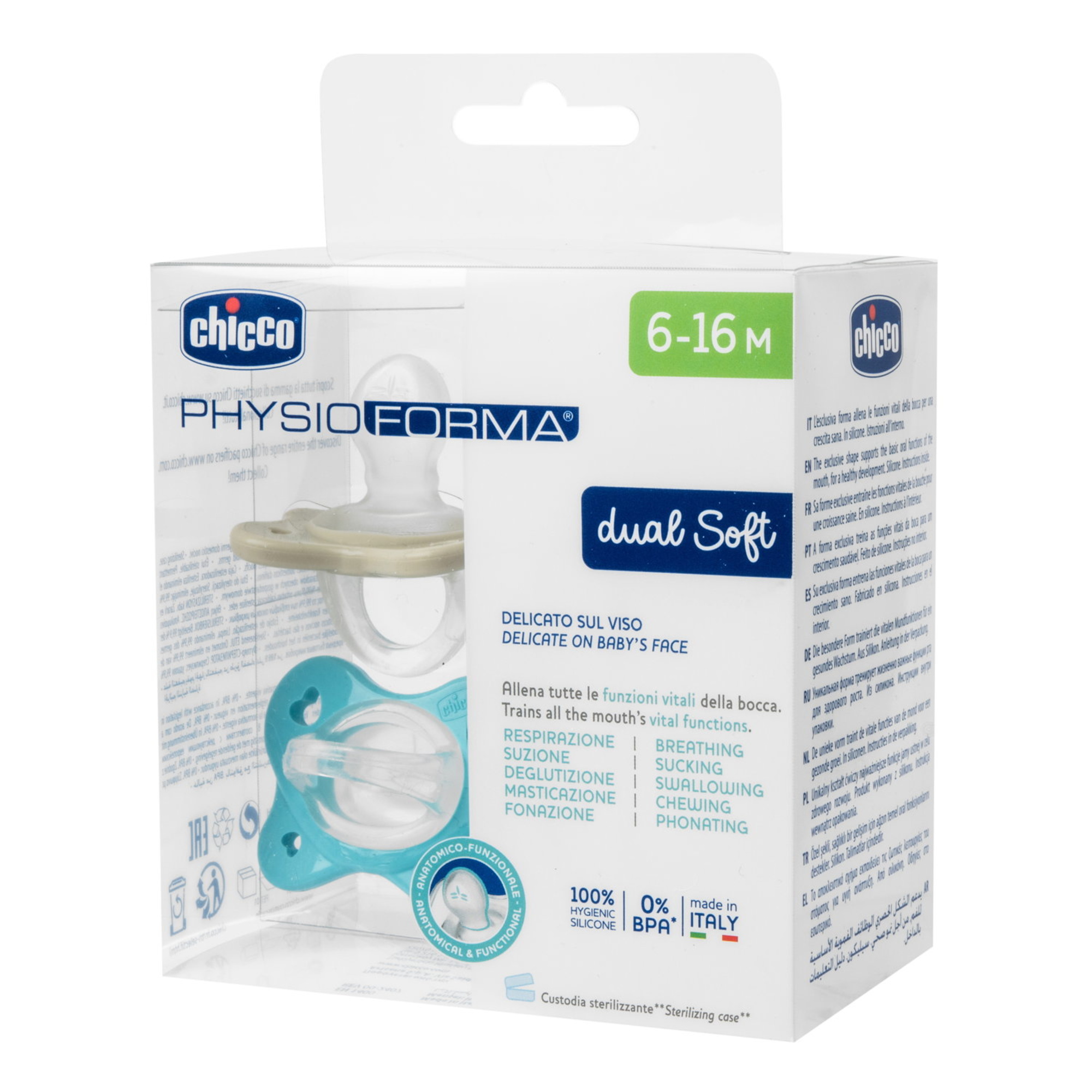 Suzeta anatomica Chicco PhysioForma DualSoft, 2buc, bleu, 6-16luni