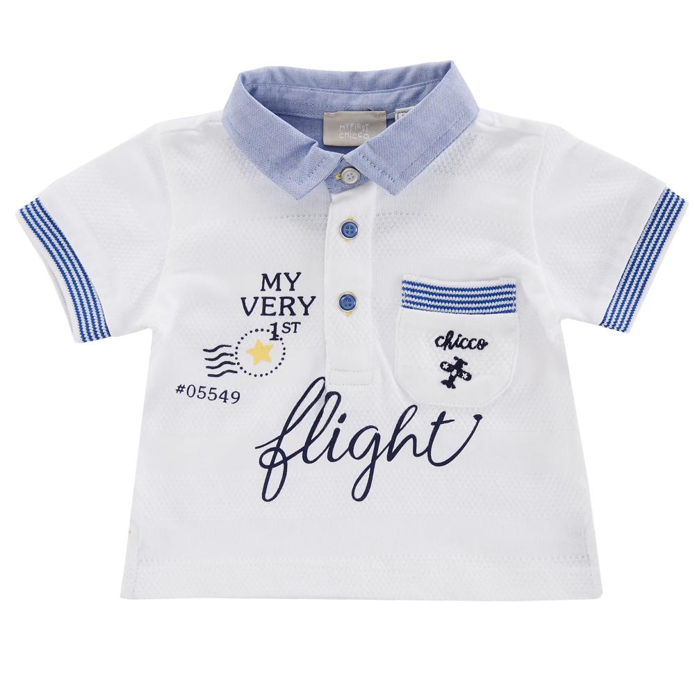 Tricou polo copii chicco, maneca scurta, alb cu bleu