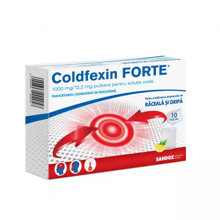 Ameliorarea simptomelor (durere și febră) - Antitermice (antipiretice) - Coldfexin FORTE 1000 mg/12,2 mg pulbere pentru soluție orală * 10 plicuri, clinicafarm.ro