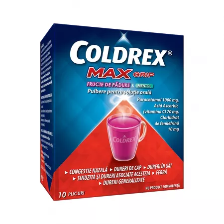 Medicamente răceală și gripă - Coldrex MaxGrip fructe de pădure & mentol  pulbere pentru soluţie orală * 10 plicuri, clinicafarm.ro