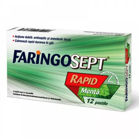 Durere în gât - Faringosept rapid mentă 2 mg / 0,6 mg / 1,2 mg * 12 pastile, clinicafarm.ro