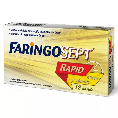 Durere în gât - Faringosept rapid miere și lămâie 2 mg / 0,6 mg / 1,2 mg * 12 pastile, clinicafarm.ro