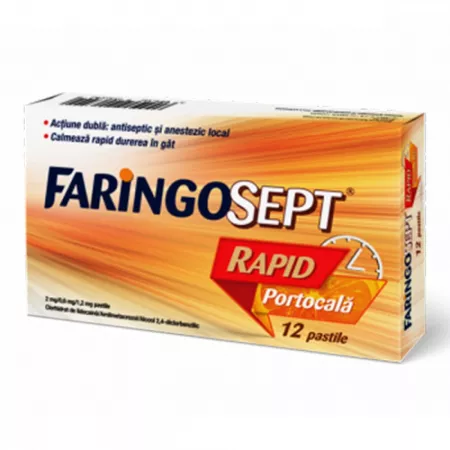 Durere în gât - Faringosept rapid portocală 2 mg / 0,6 mg / 1,2 mg * 12 pastile, clinicafarm.ro
