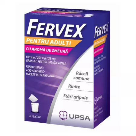 Medicamente răceală și gripă - Fervex adulți aromă de zmeură 500mg/200mg/25mg granule
pentru soluţie orală * 8 plicuri, clinicafarm.ro