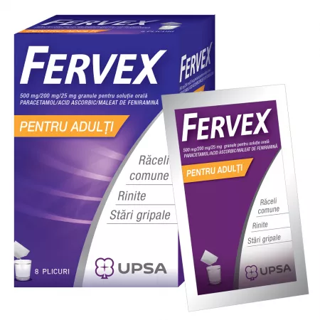 Medicamente răceală și gripă - Fervex adulți 500mg/200mg/25mg granule pentru soluţie orală * 8 plicuri, clinicafarm.ro