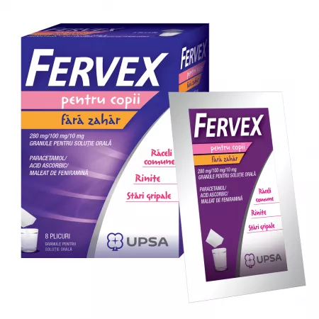 Medicamente răceală și gripă - Fervex pentru copii fără zahăr 280mg/100 mg/10 mg granule pentru soluţie orală * 8 plicuri, clinicafarm.ro