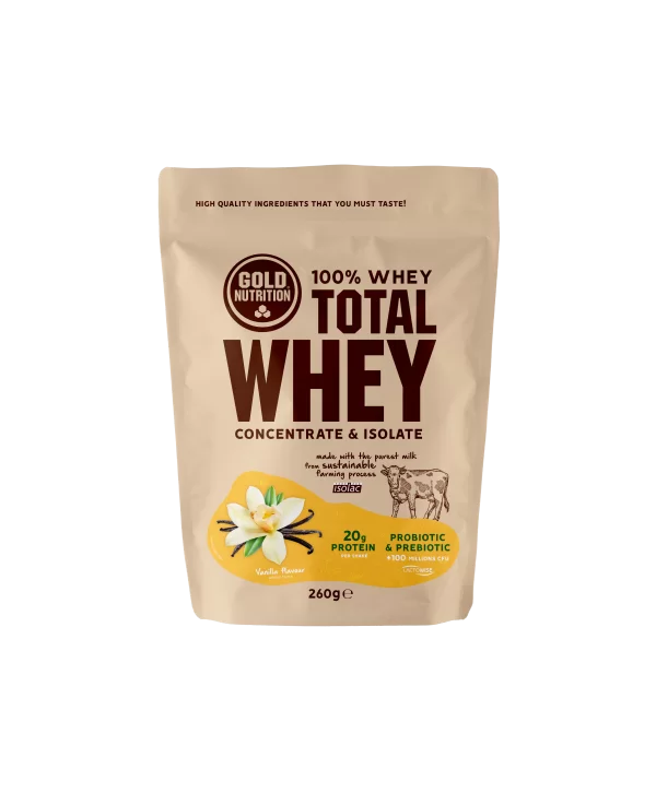 Dietă și sport - Goldnutrition Total Whey concentrat proteic din zer cu aromă de vanilie * 260 grame, clinicafarm.ro
