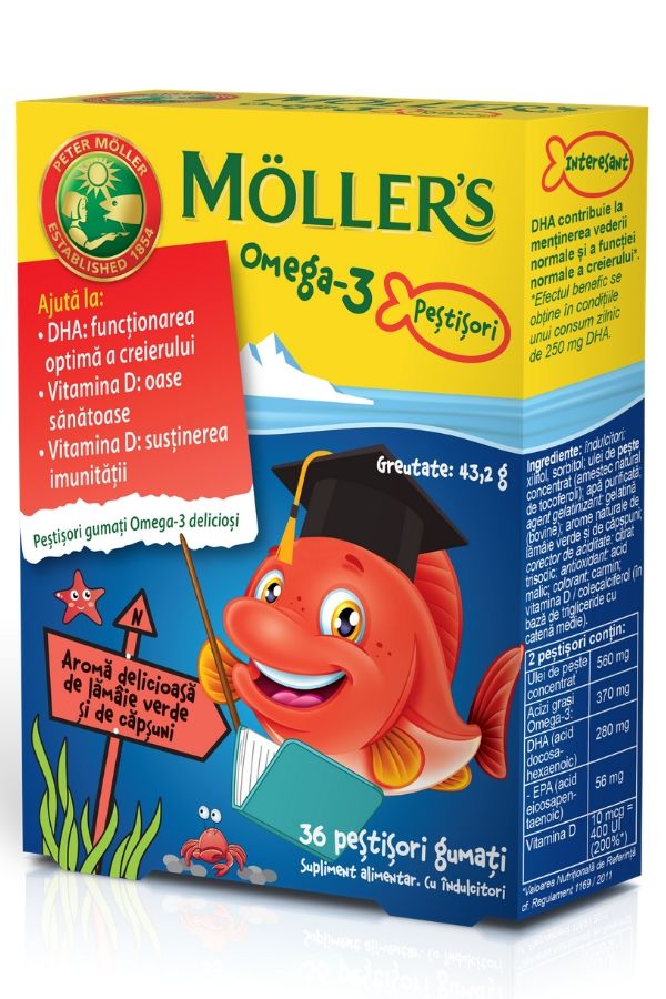 Vitamine și minerale - Moller`s omega 3 peștișori gumați cu aromă de lămâie și căpșuni * 36 jeleuri, clinicafarm.ro