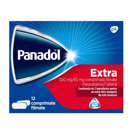 Analgezice - Panadol extra 500 mg/65mg * 12 comprimate, clinicafarm.ro