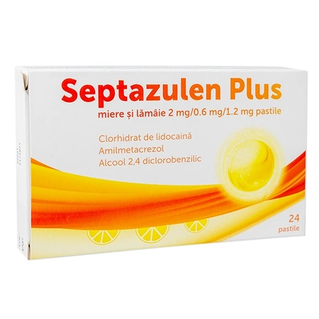 Medicamente răceală și gripă - Septazulen Plus cu miere si lamaie 2 mg/0,6 mg/1,2 mg * 24 pastile pentru supt, clinicafarm.ro