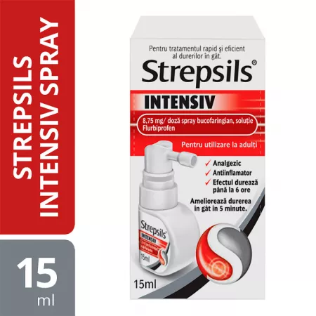 Durere în gât - Strepsils Intensiv spray cu aromă de cireșe și mentă * 15 ml, clinicafarm.ro