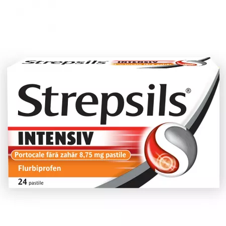 Durere în gât - Strepsils Intensiv Portocale fără zahăr 8,75 mg * 24 pastile, clinicafarm.ro