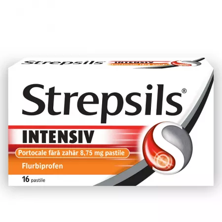 Durere în gât - Strepsils Intensiv Portocale fără zahăr 8,75 mg * 16 pastile, clinicafarm.ro