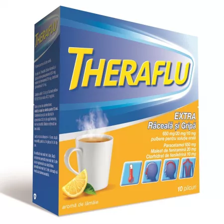 Medicamente răceală și gripă - Theraflu extra răceală și gripă 650 mg/20 mg/10 mg * 10 plicuri, clinicafarm.ro