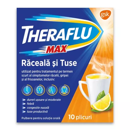 Medicamente răceală și gripă - Theraflu max răceală și tuse 1000 mg/12,2 mg/200 mg * 10 plicuri, clinicafarm.ro